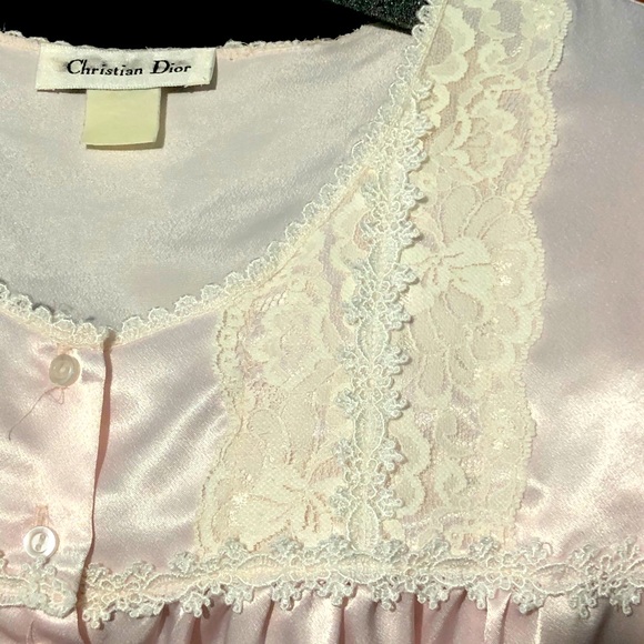 Vintage Dior Nightgown Pink Lace Cap Sleeves Round Neck Long Length Silky 48” - Picture 9 of 14